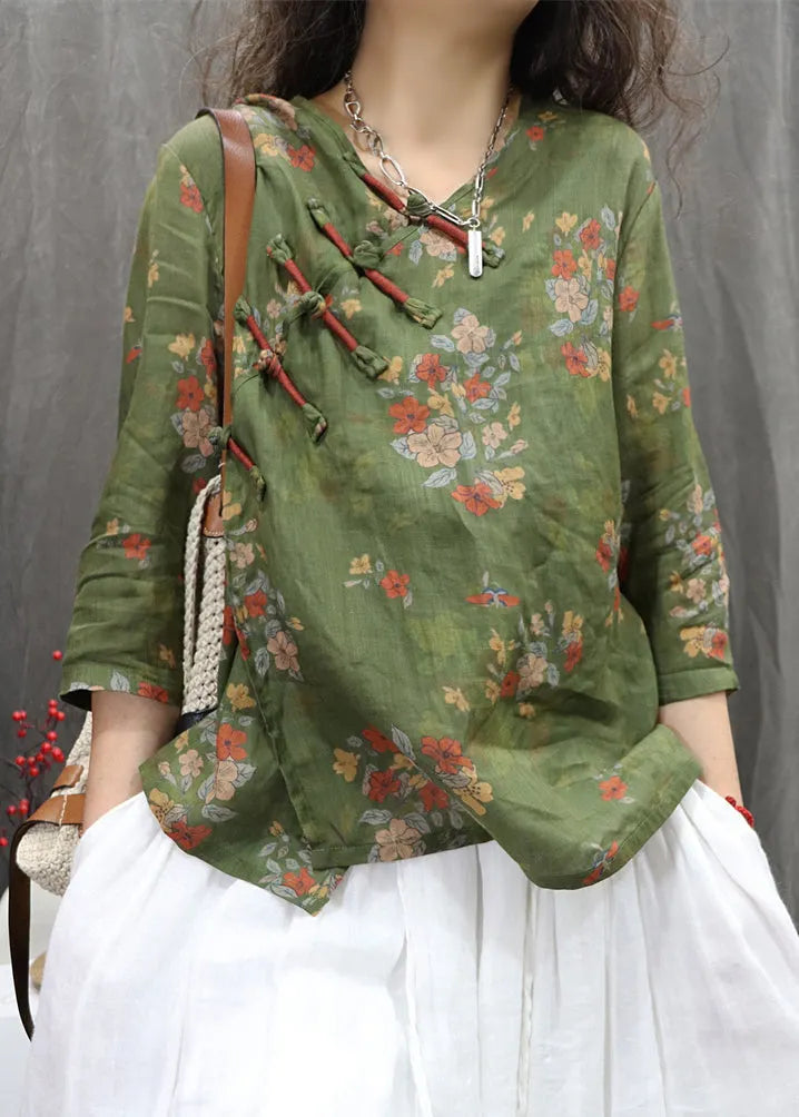 New Green Chinese Button Print Linen Blouses Bracelet Sleeve
