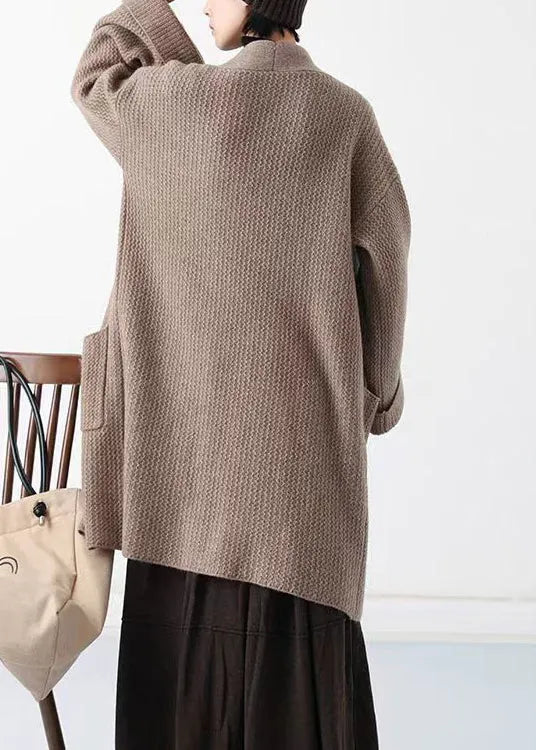 Handmade Cozy Khaki V Neck Woolen Cardigans Spring