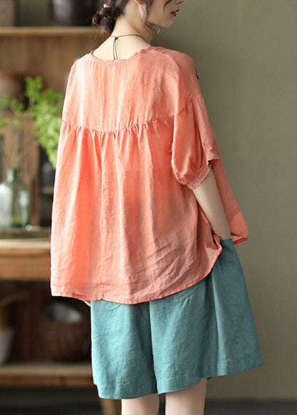 Handmade Orange O-neck Embroidered Button Wrinkled Linen Tops Half Sleeve