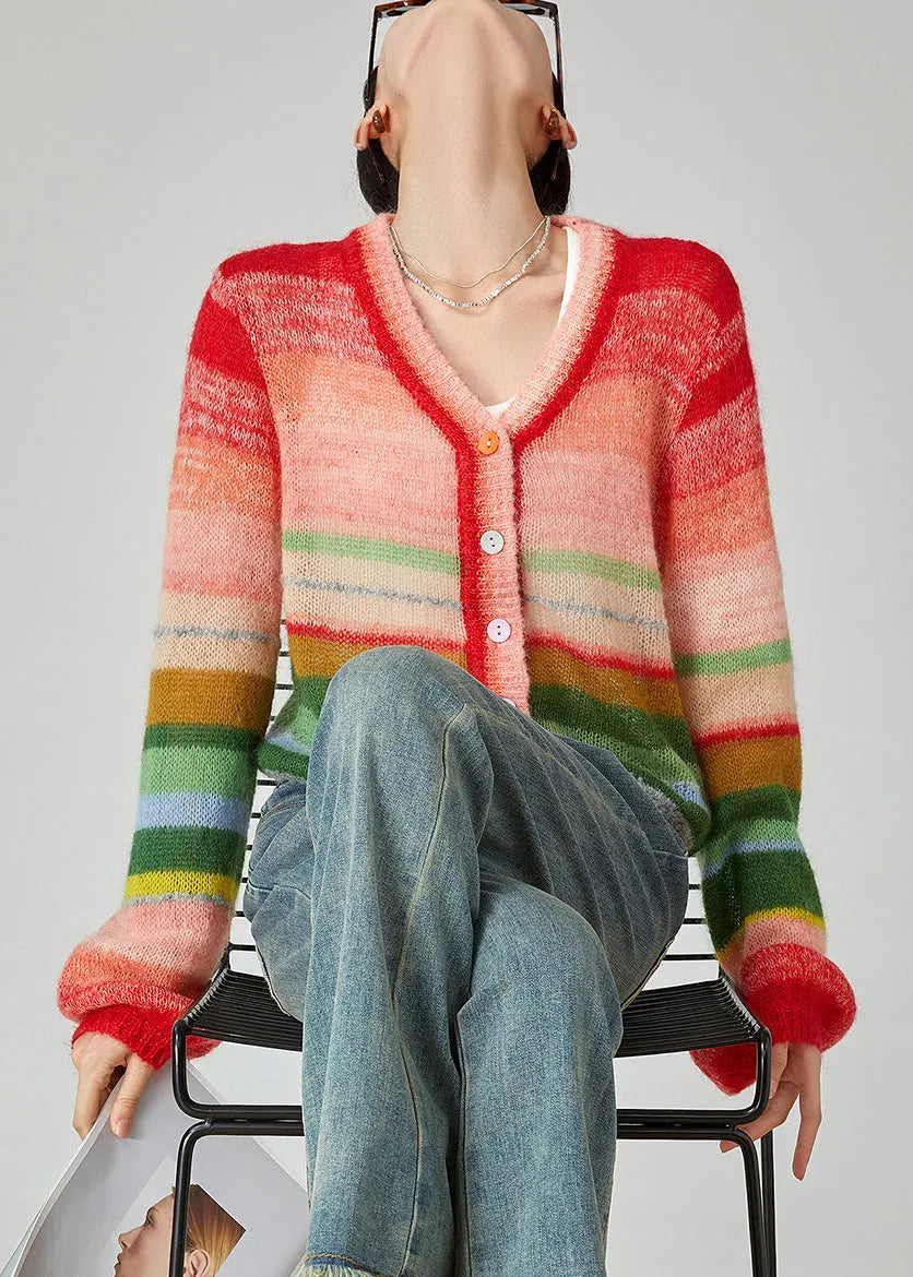 Rainbow V Neck Button Cotton Knit Cardigans Fall