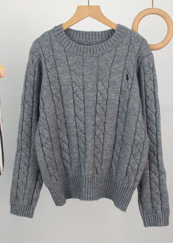 Grey O-neck Embroidered Knitted Sweaters Spring