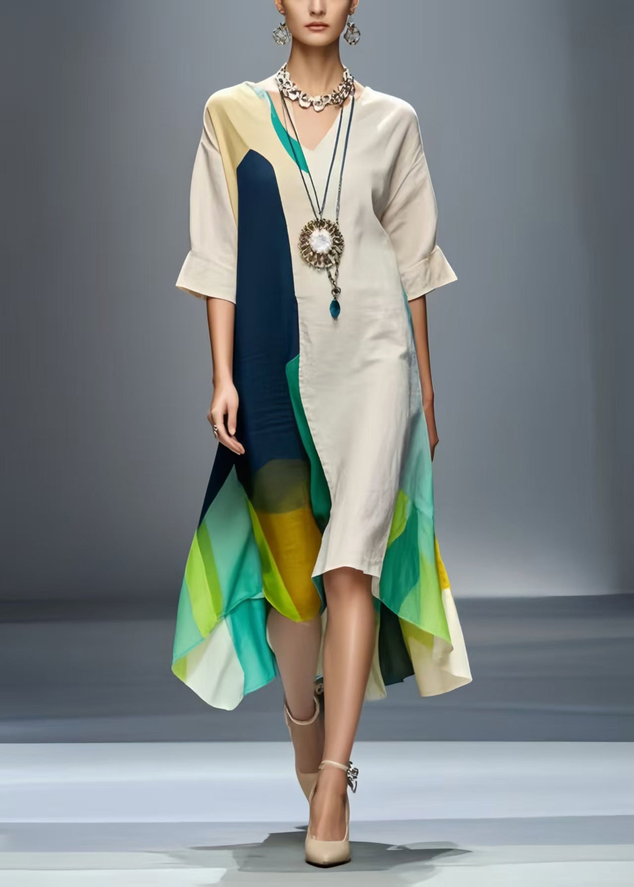 Stylish Apricot Asymmetrical Design Cotton Vacation Dress Summer