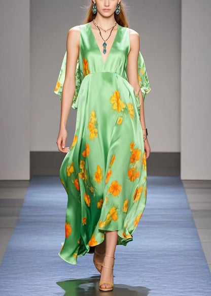 Green Cold Shoulder Print Silk Long Dresses Summer