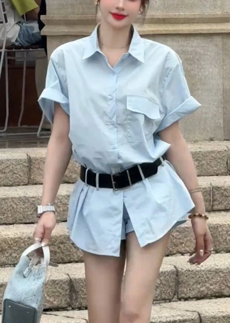 New Blue Button Shirts and Shorts Cotton Two Piece Set Summer