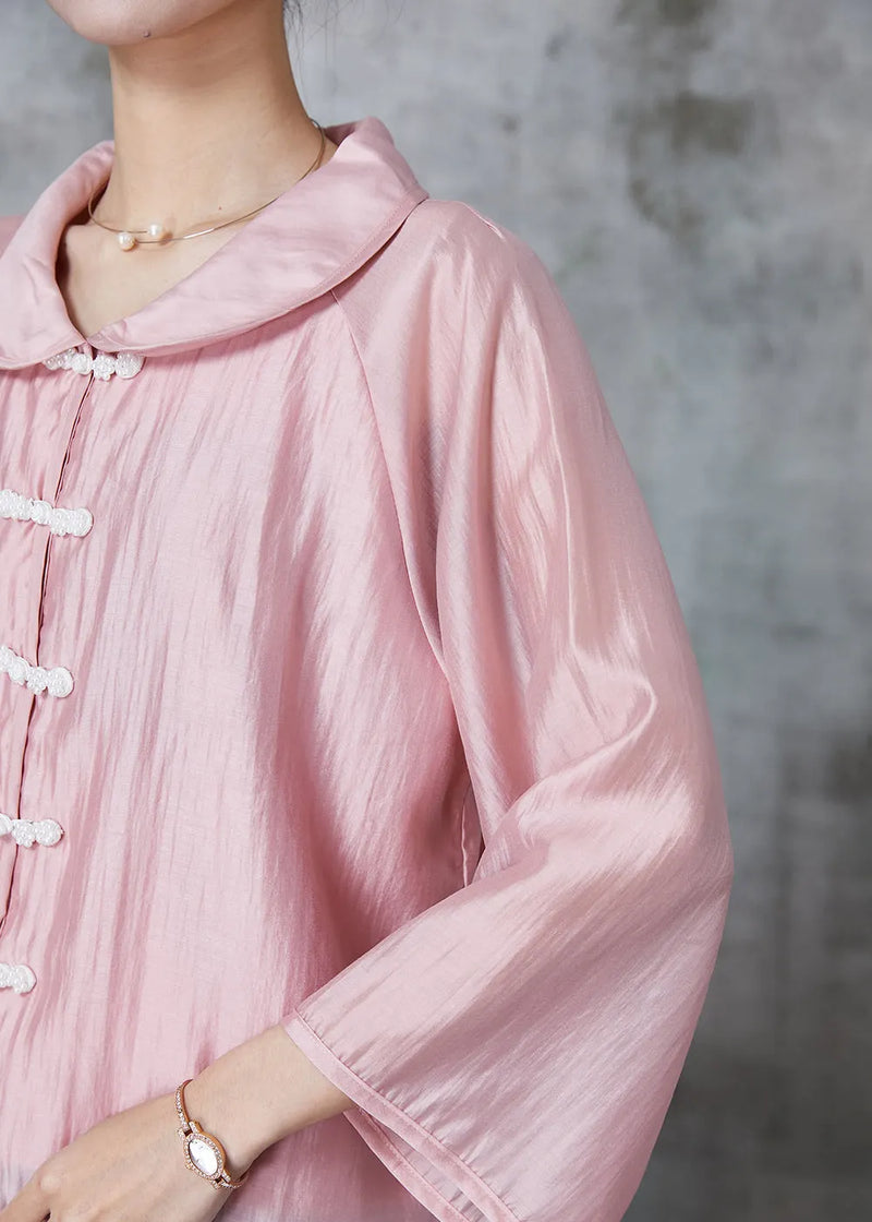 Pink Peter Pan Collar Chinese Button Silk Shirts Summer