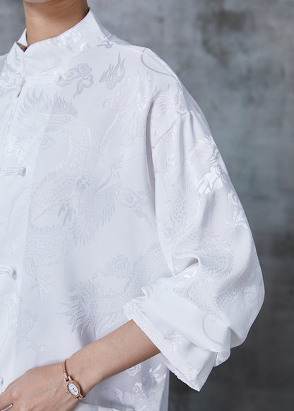 White Oversized Jacquard Silk Blouse Top Spring