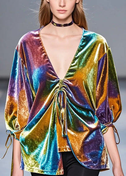 Multicolour Asymmetrical Drawstring Silk Velour Shirt Top Fall