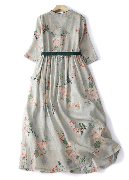 Green Button Print Lace Up Cotton Dresses Summer