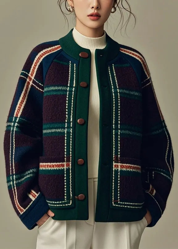 Green Plaid Button Patchwork Woolen Coats Winter