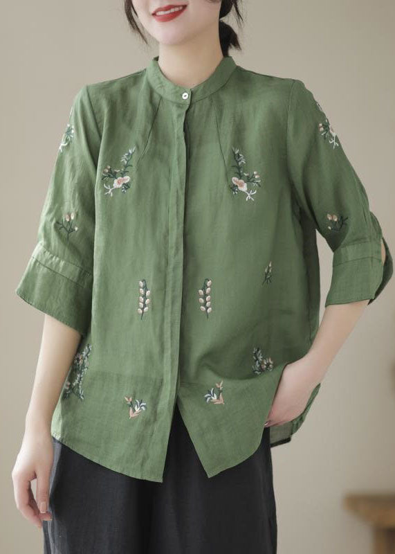 Green Stand Collar Embroidered Patchwork Linen Tops Summer