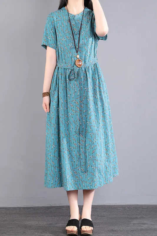 Summer Loose Short Sleeve Dress Linen Print Dress