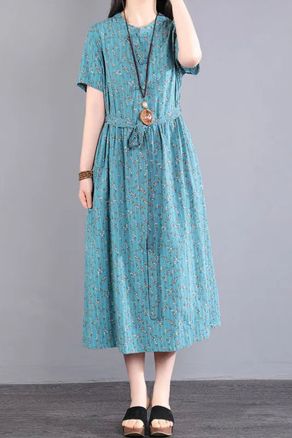 Summer Loose Short Sleeve Dress Linen Print Dress