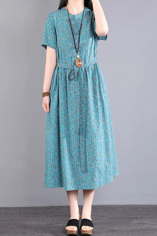 Summer Loose Short Sleeve Dress Linen Print Dress