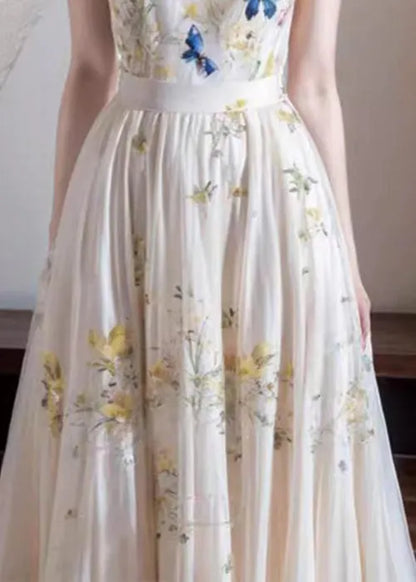 French White V Neck Print Cotton Long Dresses Sleeveless