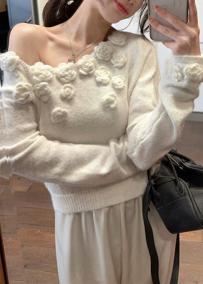 Stylish White Cold Shoulder Knit Sweater Winter