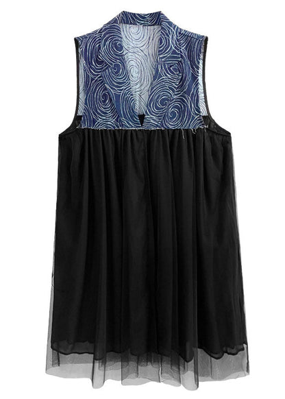 Blue Oversized Denim Patchwork Chiffon Cardigans Sleeveless