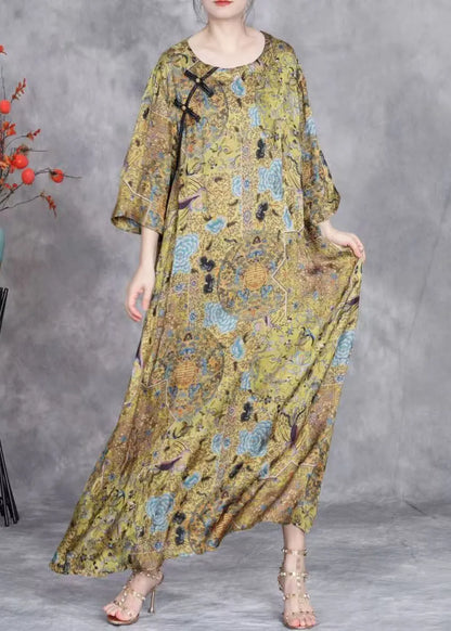 Yellow O Neck Button Print Silk Long Dresses Bracelet Sleeve