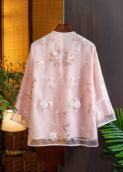 Natural Pink V Neck Embroidered Tulle Shirts Spring