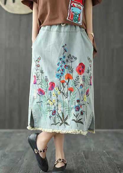 Dark Blue Embroidered Tasseled a Line Summer Skirts Denim