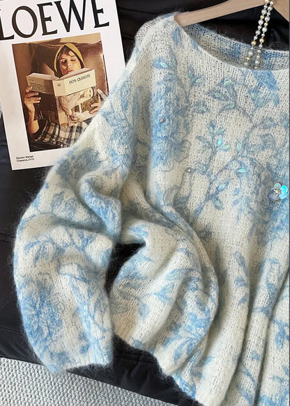 Blue Print Knit Cozy Sweaters Sequins Fall