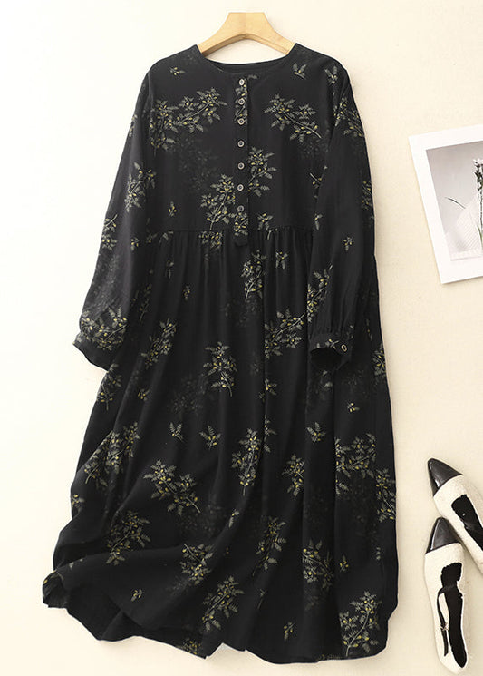 Diy Black Oversized Print Linen Maxi Dresses Spring