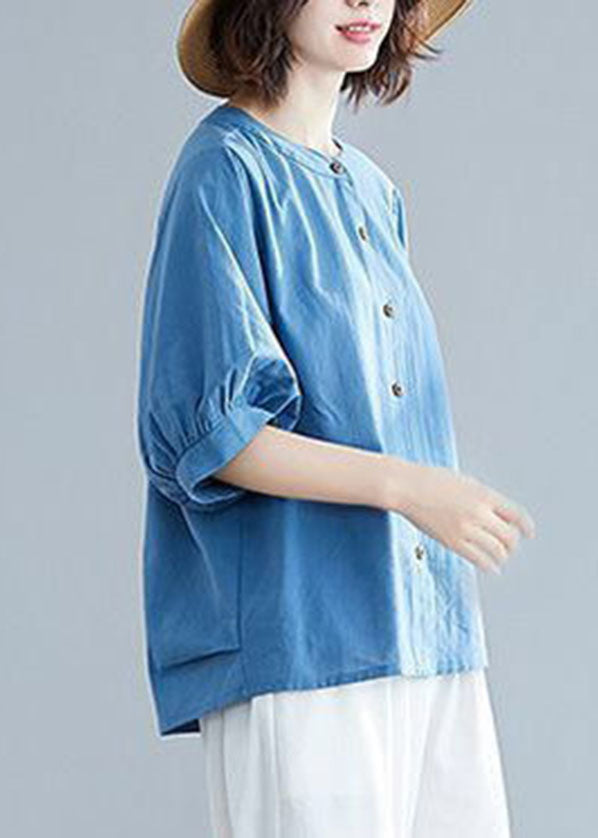 Navy O-neck Button Linen Blouses Half Sleeve