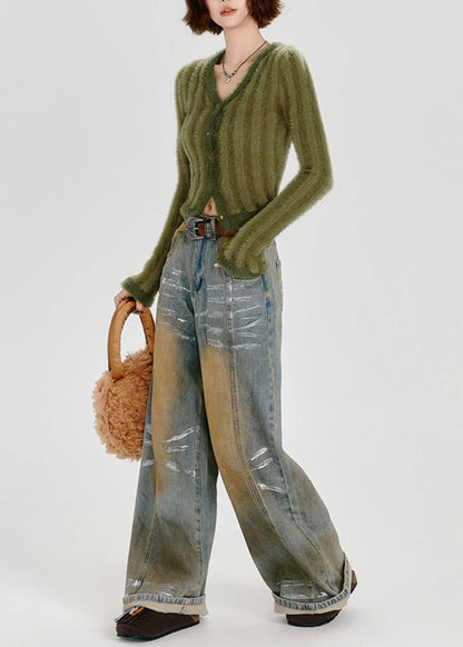 Green V Neck Striped Fuzzy Fur Fluffy Knit Cardigans Winter
