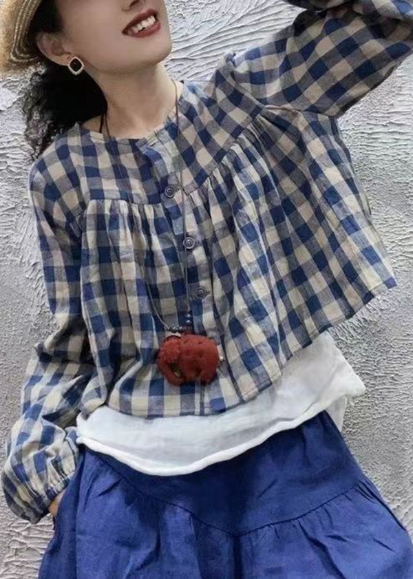 Blue O Neck Plaid Cotton Shirt Top Long Sleeve