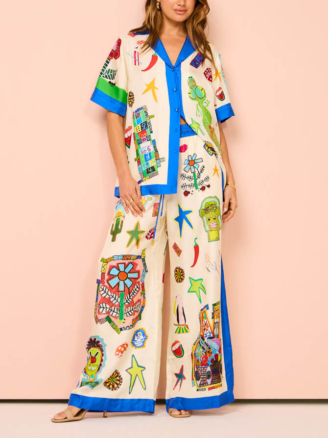 Color Matching Personalized Printed Holiday Lace Wide-leg Pants