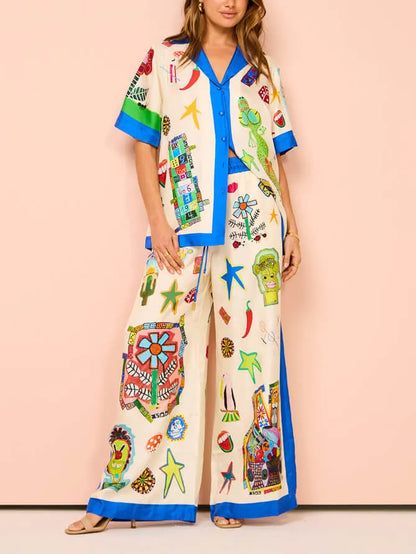 Color Block Personalized Printed Vacation Loose Shirt