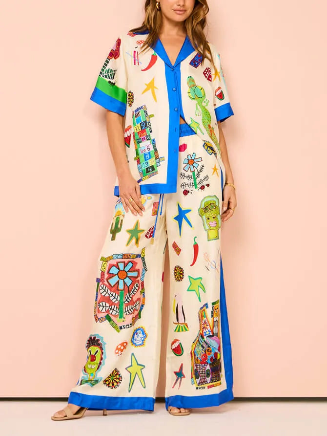 Color Block Personalized Printed Vacation Loose Shirt