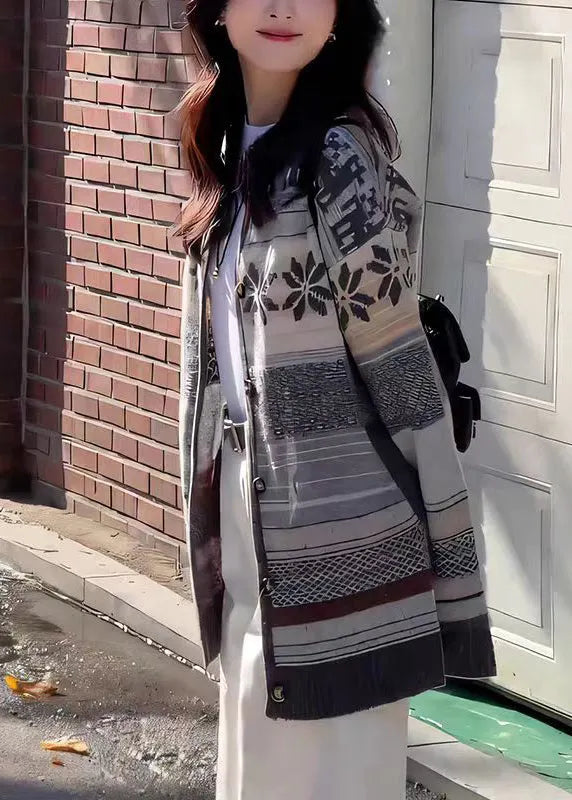 French Grey O Neck Button Jacquard Knit Cardigan Fall
