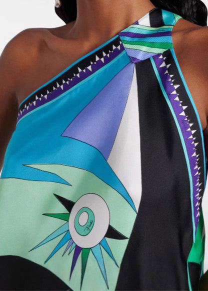 Hanging Neck Backless Print Silk Asymmetrical Dress