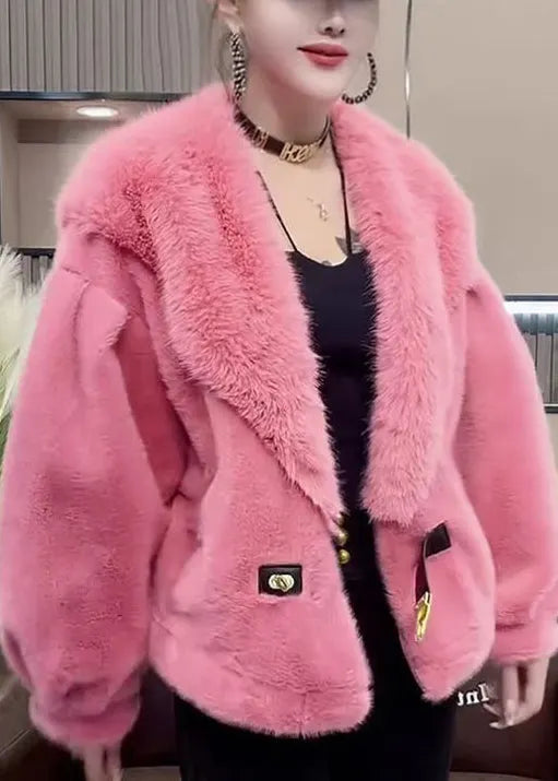 Loose Orange Fur Collar Button Patchwork Mink Velvet Coats Spring