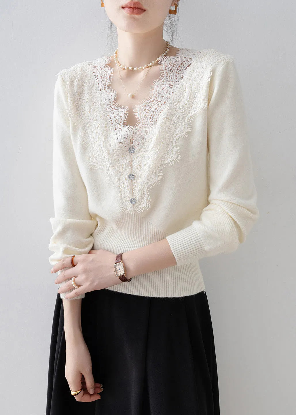Modern Black V Neck Lace Patchwork Knit Sweaters Spring