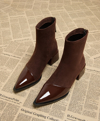 Brown Chunky Splicing Boots Pointed Toe