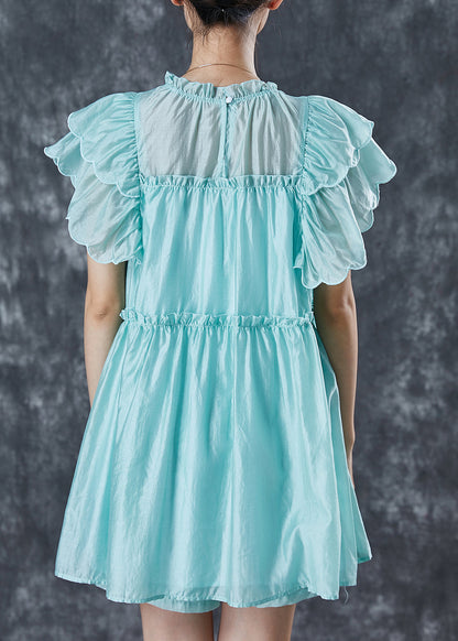 Green Ruffled Silk Beach Dress Butterfly Sleeve
