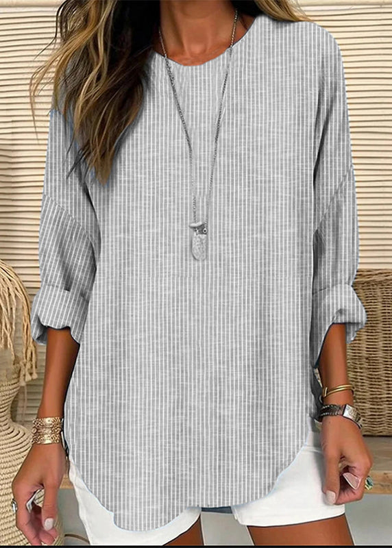 Loose Blue Striped O-neck Patchwork Cotton Blouses Fall