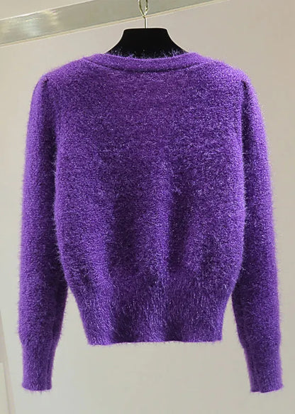 Purple Ma Hai Mao Thick Cotton Knit Sweater V Neck Winter