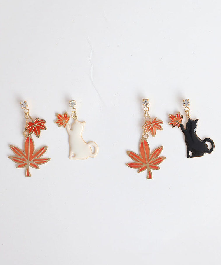 Leaves and Cats Copper Asymmetrical Design Drop Earrings