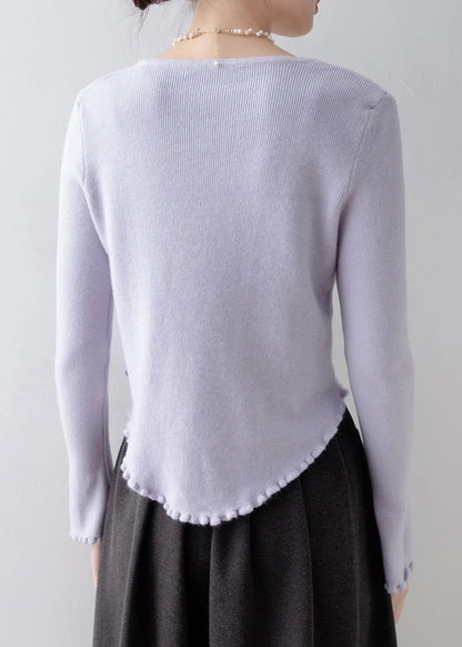 French Purple Ruffled Slim Fit Knitted Tops Spring
