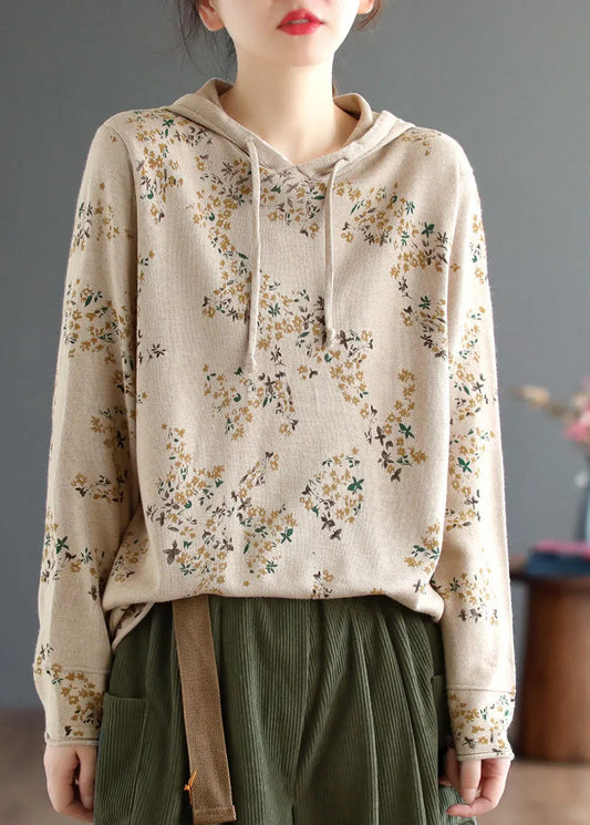Style Beige Hooded Print Knit Sweatshirts Top Winter