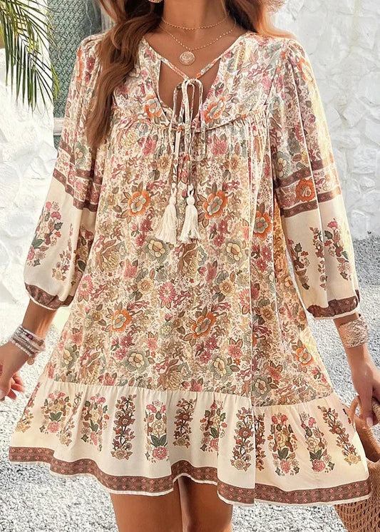 Loose Apricot Print Lace Up Cotton Mid Dress Summer