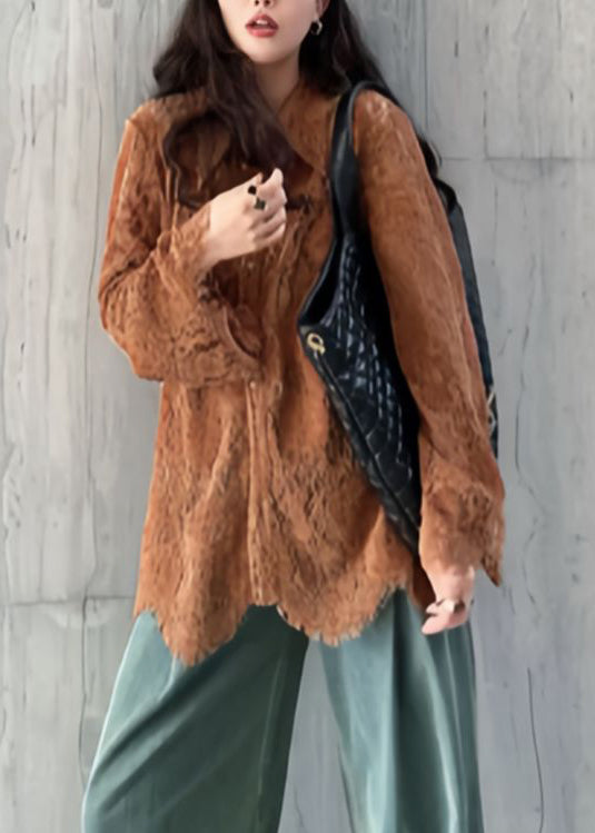 Coffee Peter Pan Collar Lace Shirts Top Flare Sleeve