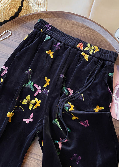 New Black Butterfly Elastic Waist Silk Velvet Straight Pants Fall
