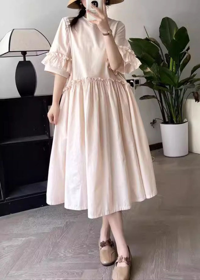 Art Pink O-neck Wrinkled Long Dresses Summer
