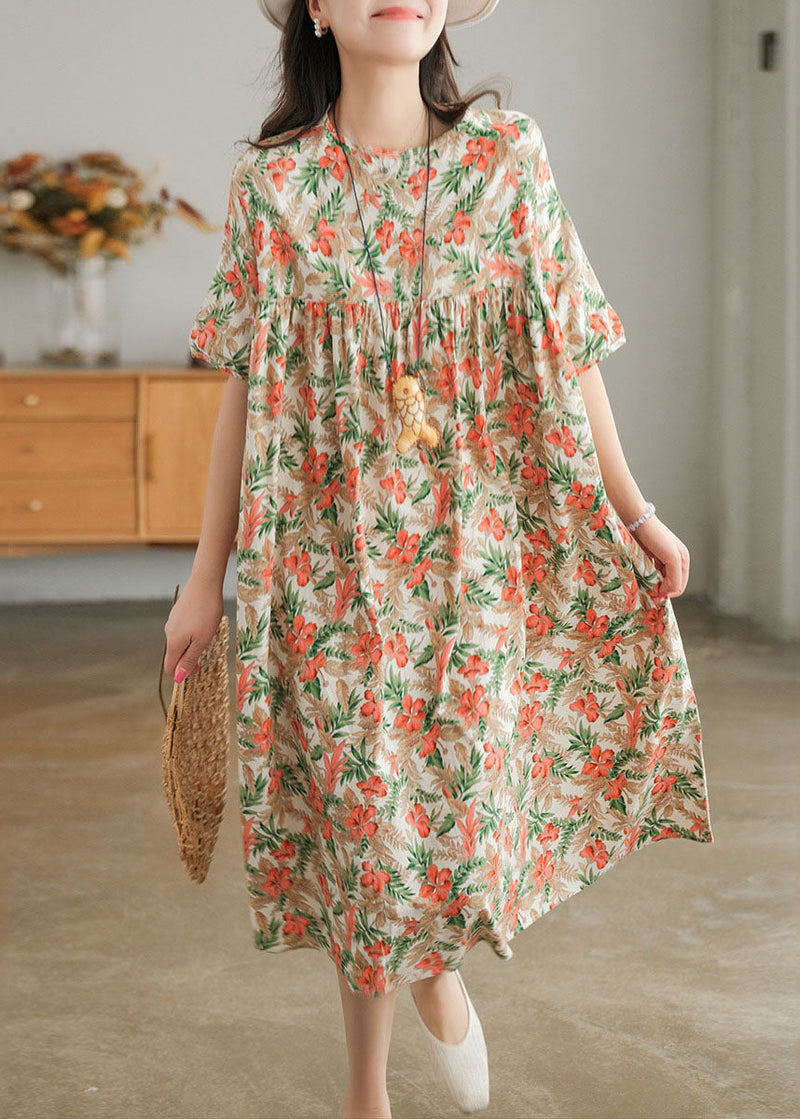 Red Print O-neck Cotton Beach Dresses Short Sleeve