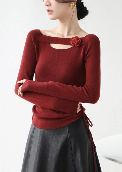 Classy Red Cinched Hollow Out Knit Shirts Winter