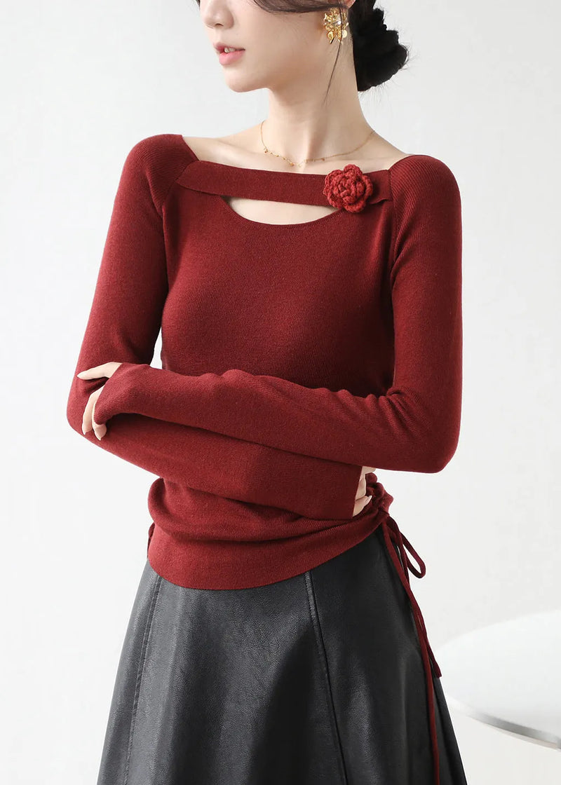 Classy Red Cinched Hollow Out Knit Shirts Winter