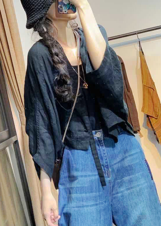 Black Low High Design Linen Coat V Neck Fall